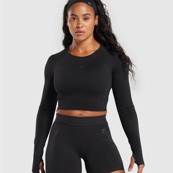 GYMSHARK FLEX LONG SLEEVE CROP TOP BLACK SMALL NWT in packaging - Picture 1 of 7
